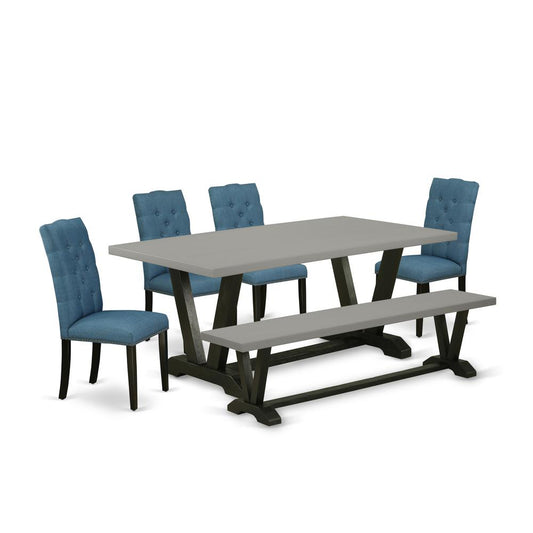 6-Piece Modern An Excellent Cement Color Wood Dining Table Top And Cement Color Dining Bench And 4 Excellent Linen Fabric Kitchen Chairs By East West Furniture | Dining Sets | Modishstore
