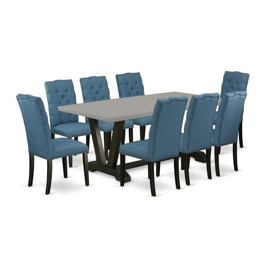9-Piece Amazing Dinette Set A Great Cement Color Dining Room Table Top And 8 Lovely Linen Fabric Dining Room Chairs By East West Furniture | Dining Sets | Modishstore