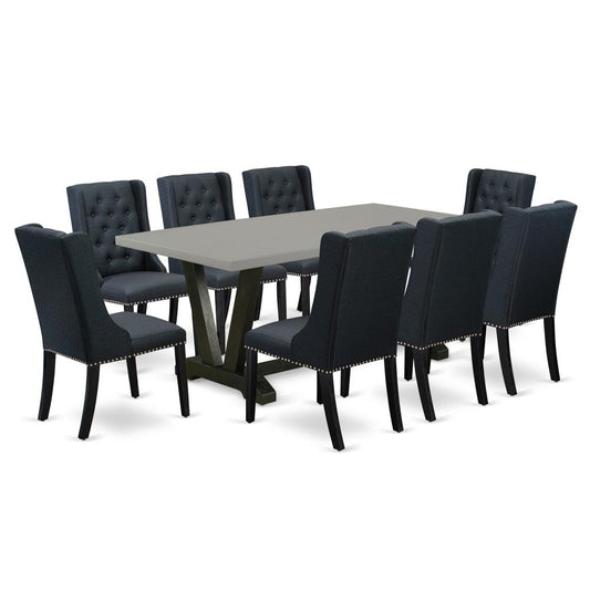9 Pc Dining Room Set - 8 Black Linen Fabric Dining Chairs Button Tufted By East West Furniture | Dining Sets | Modishstore