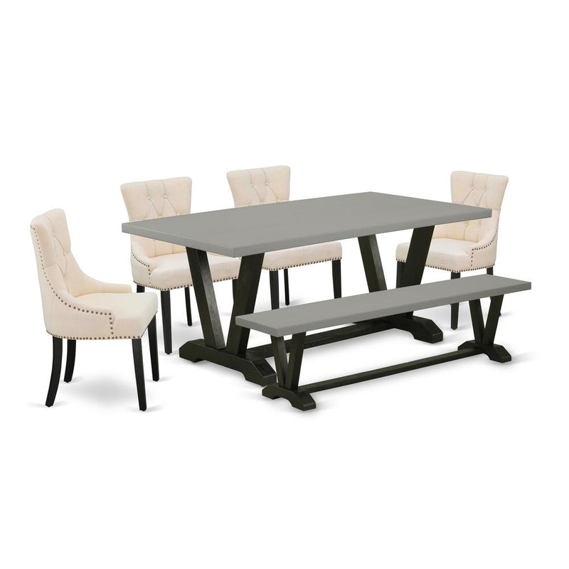 6-Pc Dining Table Set - 4 Parson Chairs, A Wood Bench Cement Top And 1 Modern Cement Table Top By East West Furniture | Dining Sets | Modishstore