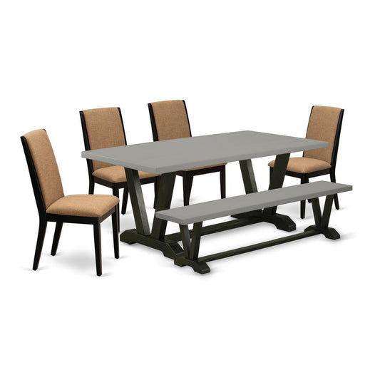 6-Piece Beautiful Dining Room Table Set An Excellent Cement Color Rectangular Table Top And Cement Color Wooden Bench Indoor And 4 Amazing Linen Fabric Kitchen Chairs W By East West Furniture | Dining Sets | Modishstore