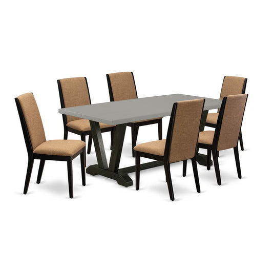 7-Piece Modern Dining Table Set An Outstanding Cement Color Dining Table Top And 6 Wonderful Linen Fabric Dining Room Chairs By East West Furniture | Dining Sets | Modishstore