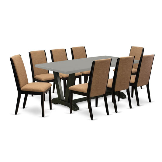 9-Piece Stylish Dining Table Set A Great Cement Color Rectangular Dining Table Top And 8 Lovely Linen Fabric Dining Chairs By East West Furniture | Dining Sets | Modishstore
