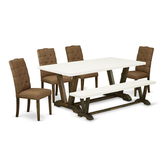 6-Pc Dining Set-Brown Beige Linen Fabric Seat And Button Tufted Chair Back Parson Dining Chairs, A Rectangular Bench And Rectangular Top Modern Dining Table By East West Furniture | Dining Sets | Modishstore