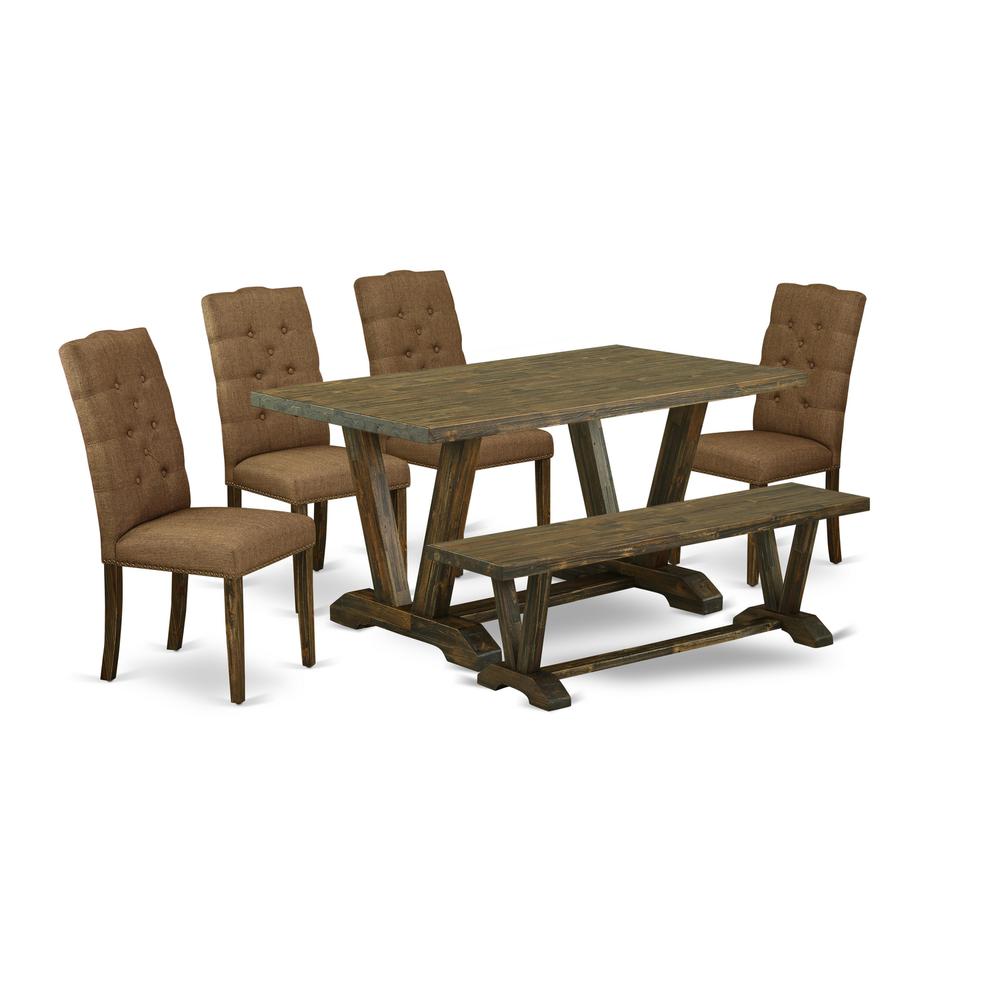 6-Piece Dining Room Table Set-Brown Beige Linen Fabric Seat And Button Tufted Chair Back Dining Chairs, A Rectangular Bench And Rectangular Top Dining Room Table By East West Furniture | Dining Sets | Modishstore