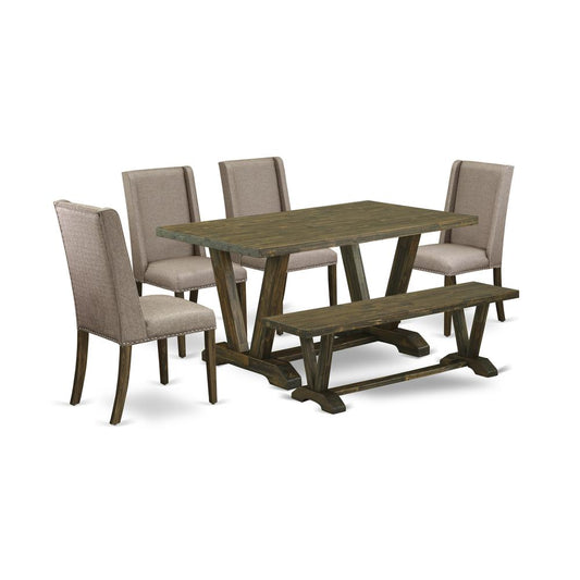 6-Piece Table Dining Set-Dark Khaki Linen Fabric Seat And High Stylish Chair Back Kitchen Chairs, A Rectangular Bench And Rectangular Top Kitchen Table By East West Furniture | Dining Sets | Modishstore
