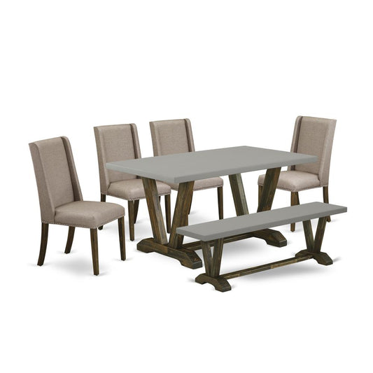6-Piece Wood Dining Table Set-Dark Khaki Linen Fabric Seat And High Stylish Chair Back Kitchen Chairs, A Rectangular Bench And Rectangular Top Wood Kitchen Table By East West Furniture | Dining Sets | Modishstore