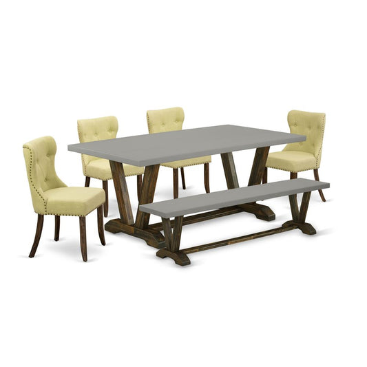 6-Piece Mid Century Dining Table Set-Limelight Linen Fabric Seat And Button Tufted Back Parson Dining Room Chairs, A Wooden Bench And Rectangular Top Living Room Table By East West Furniture | Dining Sets | Modishstore