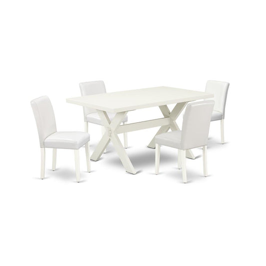 5-Piece Fashionable Kitchen Table Set An Outstanding Linen White Rectangular Table Top And 4 Wonderful Pu Leather Parson Dining Room Chairs By East West Furniture | Dining Sets | Modishstore