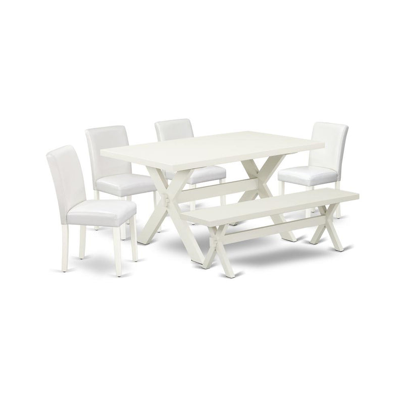 6-Piece Stylish Dining Set A Superb Linen White Wood Table Top And Linen White Small Bench And 4 Lovely Solid Wood Legs And Pu Leather Seat Parson Chairs By East West Furniture | Dining Sets | Modishstore