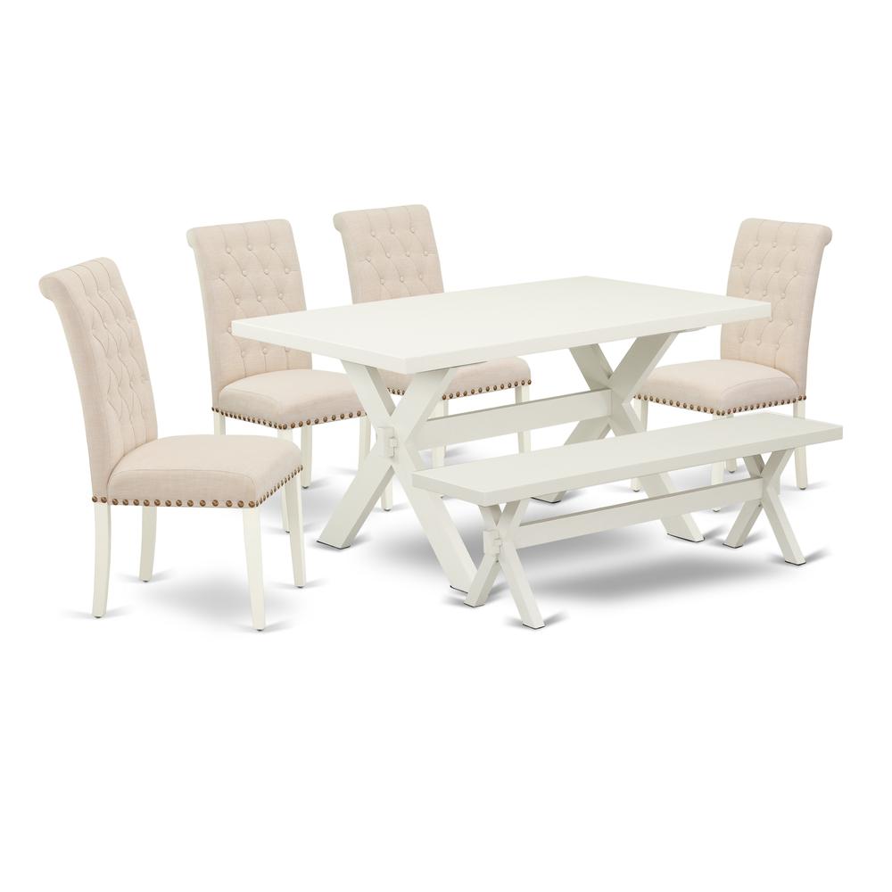 6-Piece Table Dining Set-Light Beige Linen Fabric Seat And Button Tufted Chair Back Padded Parson Chairs, A Rectangular Bench And Rectangular Top Dining Room Table By East West Furniture | Dining Sets | Modishstore