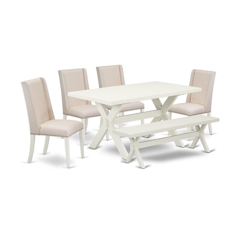6-Piece Gorgeous Kitchen Table Set A Superb Linen White Wood Dining Table Top And Linen White Dining Room Bench And 4 Lovely Linen Fabric Dining Chairs By East West Furniture | Dining Sets | Modishstore