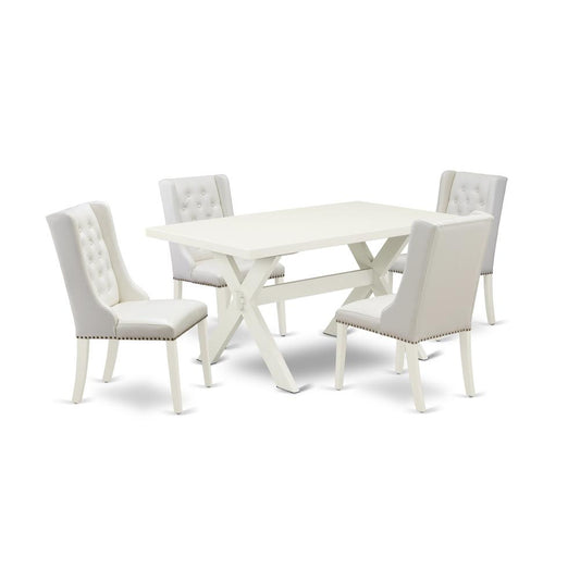 5-Pc Dining Table Set Contains 4 White Pu Leather Dining Chairs Button Tufted By East West Furniture | Dining Sets | Modishstore
