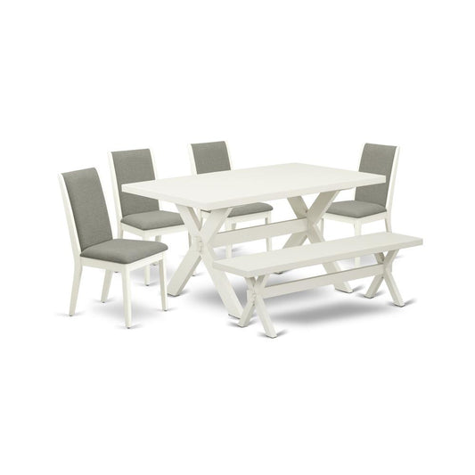 6-Piece Beautiful Dinette Set An Outstanding Linen White Dining Table Top And Linen White Indoor Bench And 4 Stunning Linen Fabric Parson Dining Room Chairs By East West Furniture | Dining Sets | Modishstore