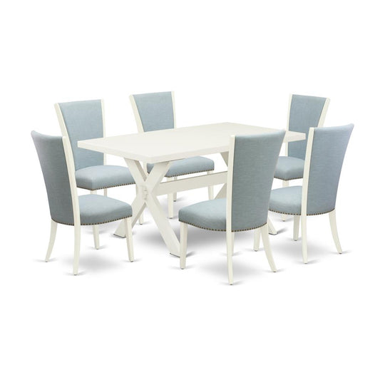7 Piece Mid Century Dining Set - 6 Baby Blue Linen Fabric Kitchen Chair By East West Furniture | Dining Sets | Modishstore