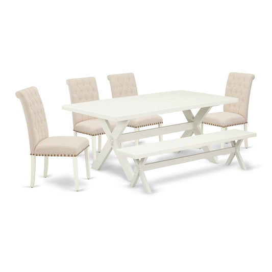 6-Piece Table Dining Set-Light Beige Linen Fabric Seat And Button Tufted Chair Back Parson Dining Chairs, A Rectangular Bench And Rectangular Top Wood Kitchen Table By East West Furniture | Dining Sets | Modishstore