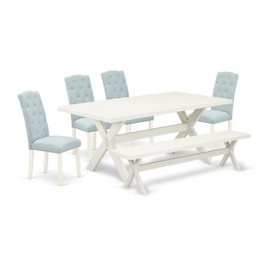6-Piece Wood Dining Table Set-Baby Blue Linen Fabric Seat And Button Tufted Chair Back Parson Chairs, A Rectangular Bench And Rectangular Top Modern Dining Table By East West Furniture | Dining Sets | Modishstore