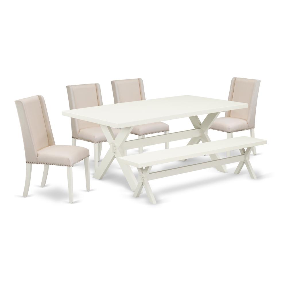 6-Piece Kitchen Dining Table Set-Cream Color Linen Fabric Seat And High Stylish Chair Back Kitchen Parson Chairs, A Rectangular Bench And Rectangular Top Kitchen Table By East West Furniture | Dining Sets | Modishstore