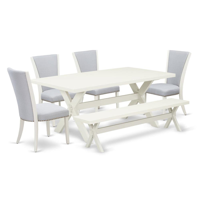 6 Piece Table Set - Linen White Wooden Dining Table, 1 Wooden Bench And 4 Grey Linen Fabric Parson Chairs By East West Furniture | Dining Sets | Modishstore