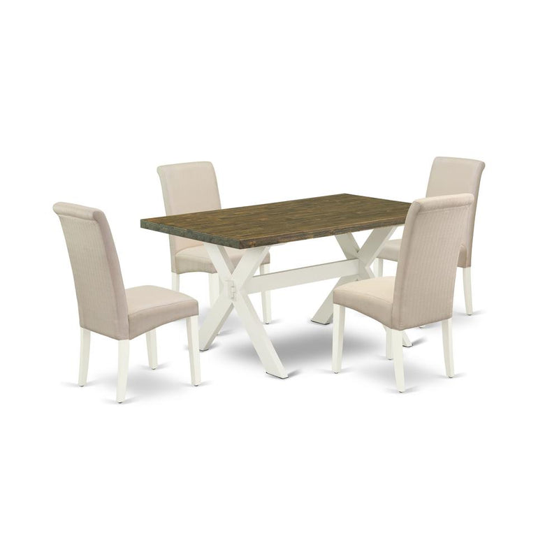 5-Piece Fashionable A Good Distressed Jacobean Modern Dining Table Top And 4 Wonderful Linen Fabric Solid Wood Leg Chairs By East West Furniture | Dining Sets | Modishstore