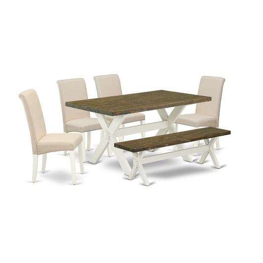 6-Piece Stylish Dining Table Set A Superb Distressed Jacobean Modern Dining Table Top And Distressed Jacobean Indoor Bench And 4 Lovely Linen Fabric Parson Dining Chairs By East West Furniture | Dining Sets | Modishstore