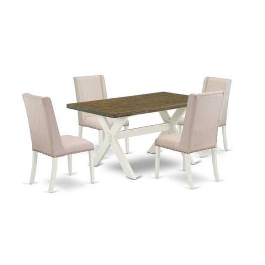 5-Piece Modern Dining Room Set An Excellent Distressed Jacobean Dining Table Top And 4 Attractive Linen Fabric Parson Chairs By East West Furniture | Dining Sets | Modishstore
