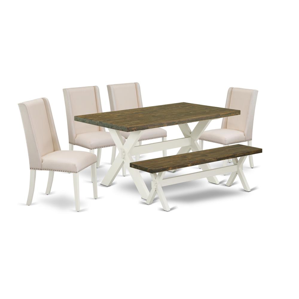 6-Piece Gorgeous Dining Room Table Set A Good Distressed Jacobean Dining Table Top And Distressed Jacobean Wooden Bench And 4 Beautiful Linen Fabric Parson Dining Room Chairs By East West Furniture | Dining Sets | Modishstore