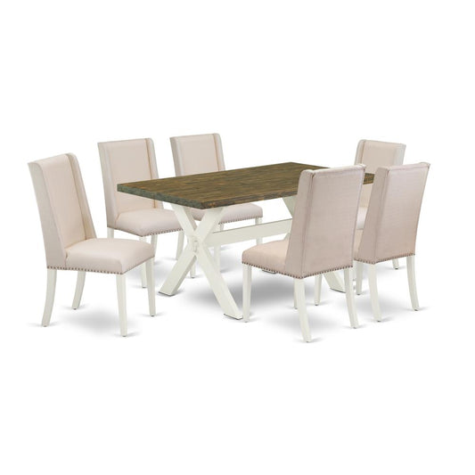 7-Piece Modern Kitchen Table Set An Excellent Distressed Jacobean Kitchen Rectangular Table Top And 6 Excellent Linen Fabric Parson Chairs By East West Furniture | Dining Sets | Modishstore