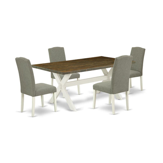 5-Piece Modern An Excellent Distressed Jacobean Wood Table Top And 4 Amazing Linen Fabric Kitchen Chairs By East West Furniture | Dining Sets | Modishstore