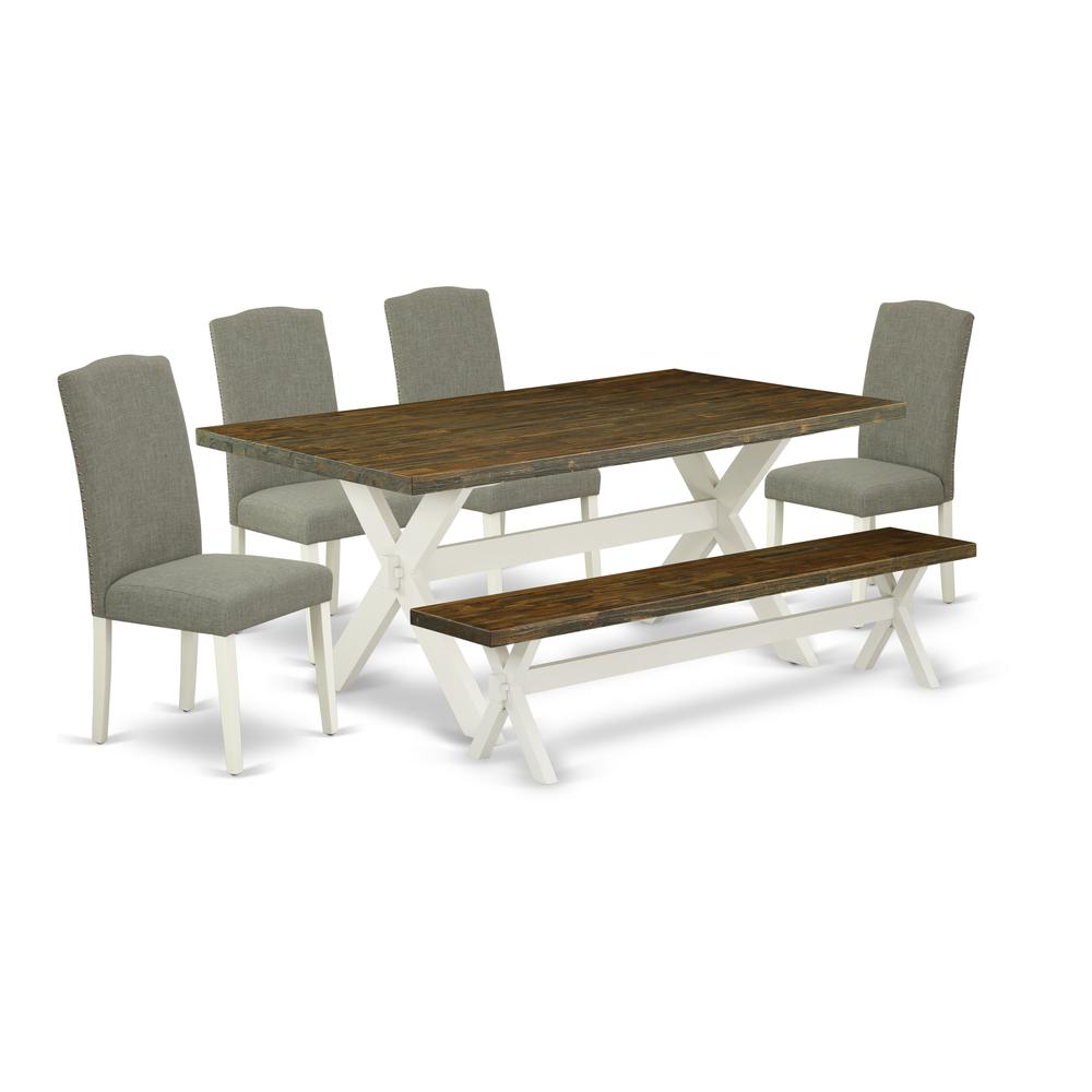6-Piece Fashionable Kitchen Table Set An Excellent Distressed Jacobean Color Kitchen Table Top And Distressed Jacobean Color Small Bench And 4 Beautiful Linen Fabric Pa By East West Furniture | Dining Sets | Modishstore
