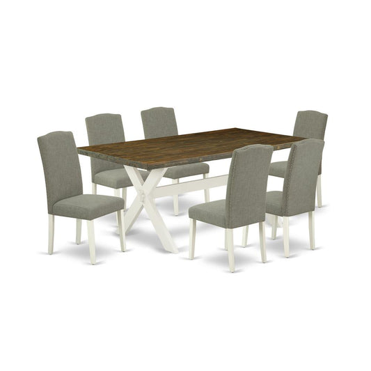 7-Piece Gorgeous Dining Table Set An Outstanding Distressed Jacobean Rectangular Table Top And 6 Awesome Linen Fabric Parson Chairs By East West Furniture | Dining Sets | Modishstore