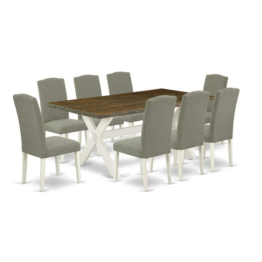9-Piece Stylish Dinette Set A Superb Distressed Jacobean Rectangular Dining Table Top And 8 Excellent Linen Fabric Parson Chairs By East West Furniture | Dining Sets | Modishstore