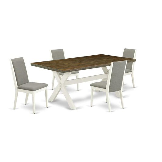 5-Piece Modern Dining Table Set An Outstanding Distressed Jacobean Wood Table Top And 4 Attractive Linen Fabric Kitchen Chairs By East West Furniture | Dining Sets | Modishstore