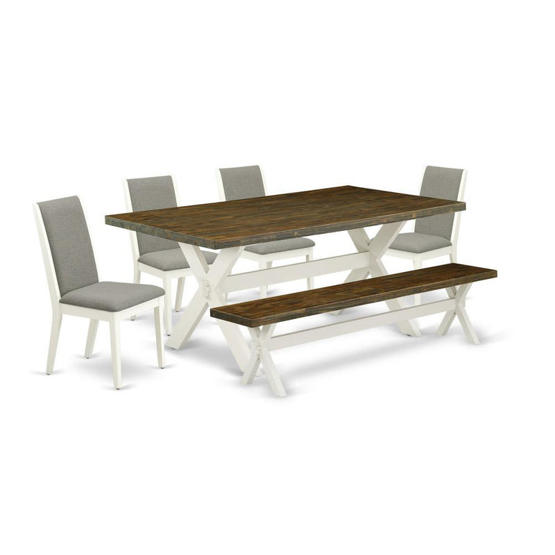 6-Piece Amazing Modern Dining Table Set A Great Distressed Jacobean Color Wood Dining Table Top And Distressed Jacobean Color Wooden Bench And 4 Beautiful Linen Fabric By East West Furniture | Dining Sets | Modishstore
