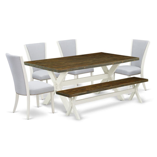 6 Piece Dining Set - Distressed Jacobean Dinner Table, 1 Wooden Bench And 4 Grey Linen Fabric Parson Dining Room Chairs By East West Furniture | Dining Sets | Modishstore