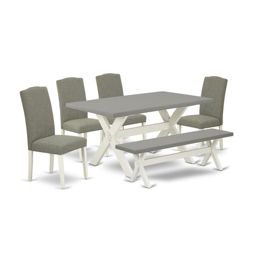 6-Piece Stylish Rectangular Dining Room Table Set A Superb Cement Color Kitchen Table Top And Cement Color Dining Bench - 4 Wonderful Padded Chairs Around Nail Heads And Stylish Ch By East West Furniture | Dining Sets | Modishstore