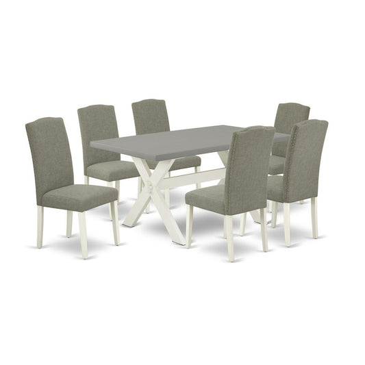 7-Piece Stylish A Good Cement Color Rectangular Table Top And 6 Excellent Linen Fabric Parson Dining Room Chairs By East West Furniture | Dining Sets | Modishstore