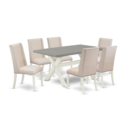 7-Piece Awesome Rectangular Table Set A Superb Cement Color Dining Room Table Top And 6 Amazing Linen Fabric Dining Chairs By East West Furniture | Dining Sets | Modishstore