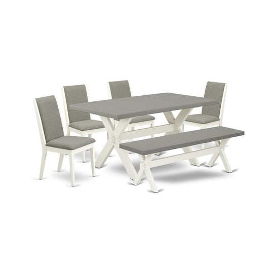 6-Piece Fashionable Modern Dining Table Set A Superb Cement Color Kitchen Table Top And Cement Color Bench And 4 Gorgeous Linen Fabric Dining Chairs By East West Furniture | Dining Sets | Modishstore