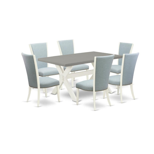 7 Piece Dining Room Table Set - 6 Baby Blue Linen Fabric Parson Dining Chairs By East West Furniture | Dining Sets | Modishstore