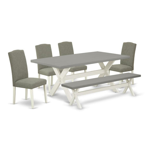 6-Piece Awesome Dining Table Set An Outstanding Cement Color Wood Table Top And Cement Color Bench And 4 Wonderful Linen Fabric Solid Wood Leg Chairs By East West Furniture | Dining Sets | Modishstore