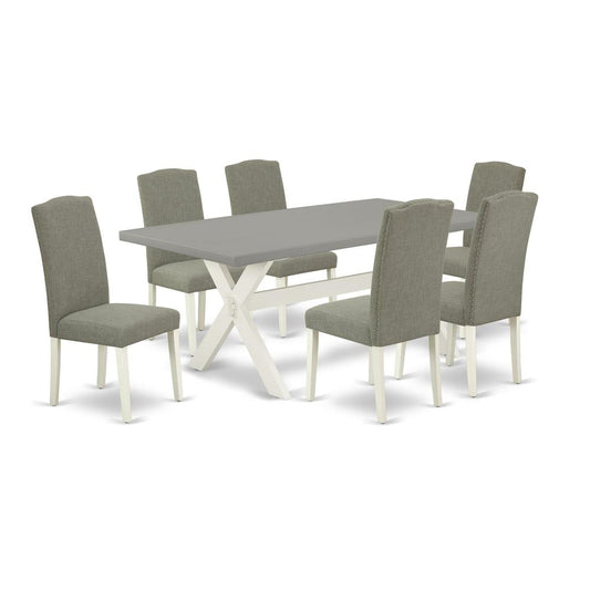 7-Piece Stylish Dining Table Set An Excellent Cement Color Dining Room Table Top And 6 Attractive Linen Fabric Kitchen Chairs By East West Furniture | Dining Sets | Modishstore
