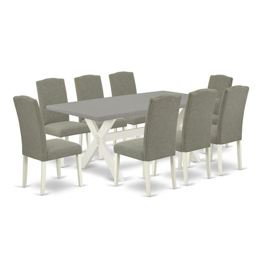 9-Piece Modern Dining Room Set An Excellent Cement Color Dining Table Top And 8 Gorgeous Solid Wood Legs And Linen Fabric Seat Chairs By East West Furniture | Dining Sets | Modishstore