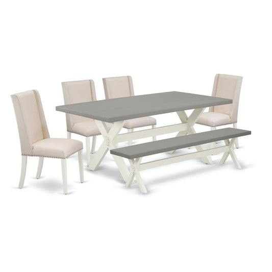 6-Piece Amazing Dining Table Set A Premium Quality Cement Color Rectangular Table Top And Cement Color Small Bench And 4 Beautiful Linen Fabric Parson Chairs By East West Furniture | Dining Sets | Modishstore