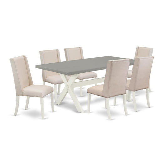 7-Piece Fashionable Modern Dining Table Set A Great Cement Color Rectangular Table Top And 6 Excellent Linen Fabric Dining Chairs By East West Furniture | Dining Sets | Modishstore