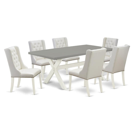7-Piece Kitchen Table Set Consists Of 6 White Pu Leather Upholstered Dining Chairs By East West Furniture | Dining Sets | Modishstore