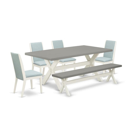 6-Piece Awesome Rectangular Dining Room Table Set An Excellent Cement Color Rectangular Dining Table Top And Cement Color Small Bench And 4 Awesome Linen Fabric Kitchen By East West Furniture | Dining Sets | Modishstore