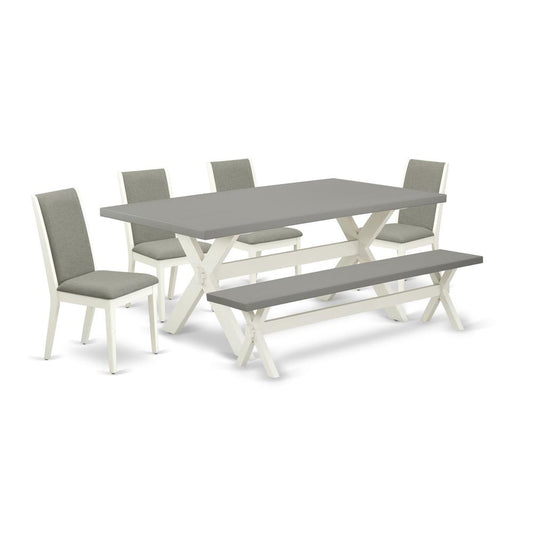 6-Piece Gorgeous Rectangular Table Set An Outstanding Cement Color Rectangular Dining Table Top And Cement Color Dining Room Bench And 4 Excellent Linen Fabric Dining C By East West Furniture | Dining Sets | Modishstore