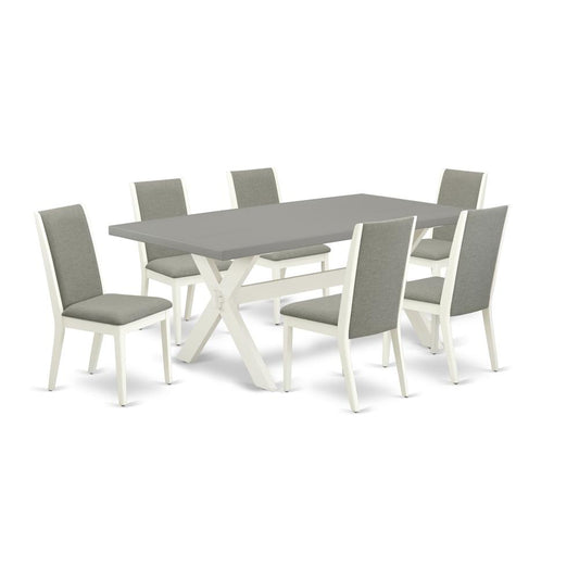 7-Piece Modern Rectangular Table Set An Outstanding Cement Color Dining Table Top And 6 Awesome Linen Fabric Parson Dining Chairs By East West Furniture | Dining Sets | Modishstore