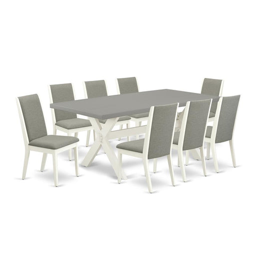 9-Piece Fashionable A Good Cement Color Modern Dining Table Top And 8 Gorgeous Linen Fabric Parson Dining Chairs By East West Furniture | Dining Sets | Modishstore